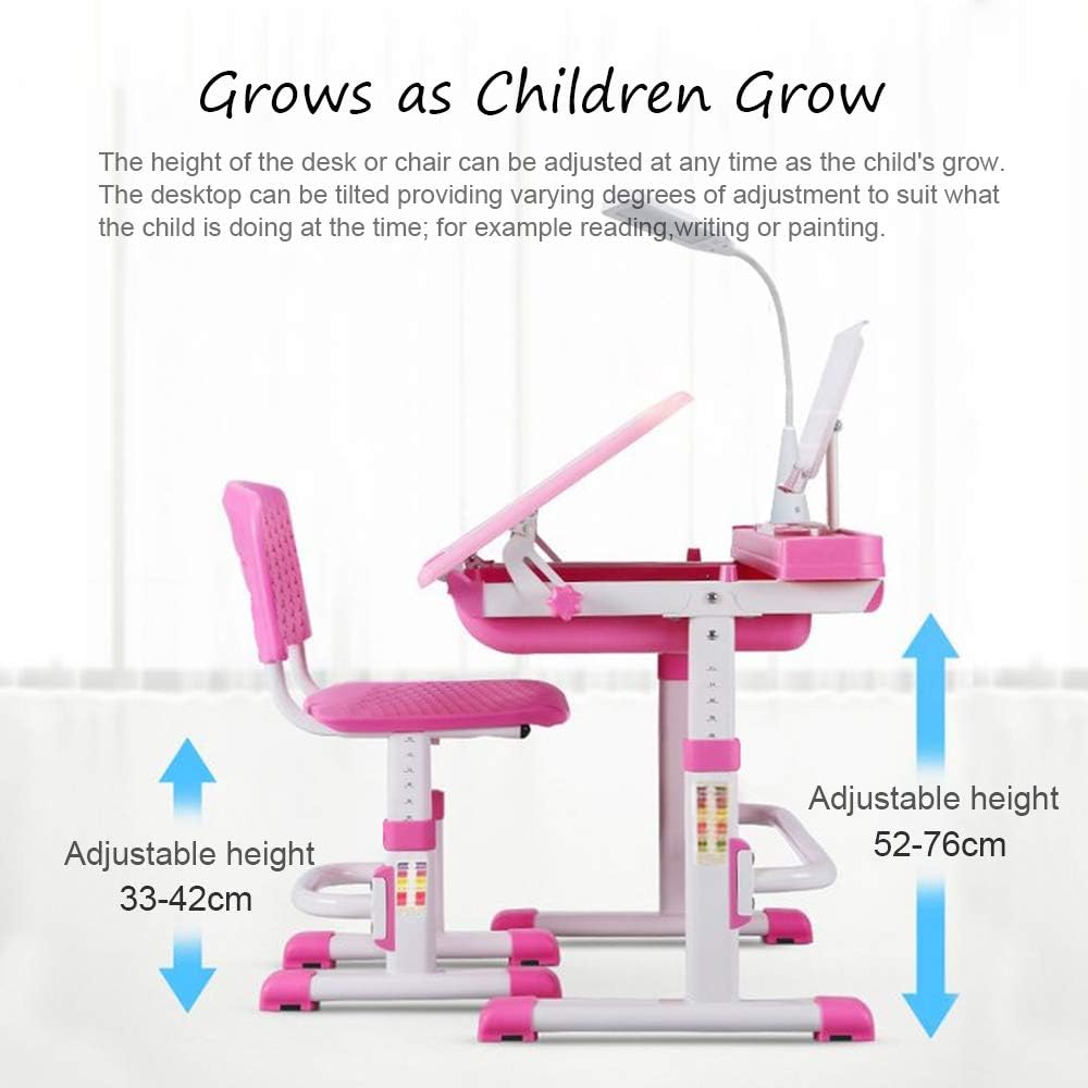 Cantonape Kids Desk and Chair Set, Height Adjustable Children School Study Desk with Tilt Desktop, Bookstand, LED Lamp, Metal Hook and Storage Drawer for Boys Girls, Pink