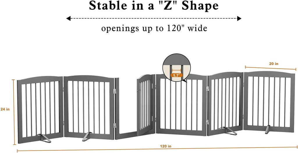 PUPETPO Freestanding Pet Gates with Walk Through Door, Dog Indoor Fence, Dog Gate for The House, Doorway, Stairs, Extra Wide Pet Gate, Support Feet Included, 120 Inch Wide, 6 Panels 24' Tall, Gray