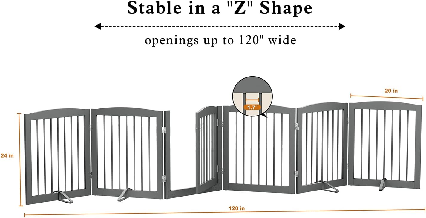 PUPETPO Freestanding Pet Gates with Walk Through Door, Dog Indoor Fence, Dog Gate for The House, Doorway, Stairs, Extra Wide Pet Gate, Support Feet Included, 120 Inch Wide, 6 Panels 24' Tall, Gray
