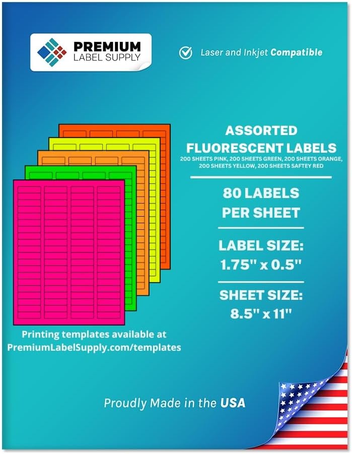 Premium Label Supply Bright Neon Color Fluorescent Sticker Labels - 1.75' x 0.5' Return Address Labels - (Assorted Fluorescent, 80,000 Labels)