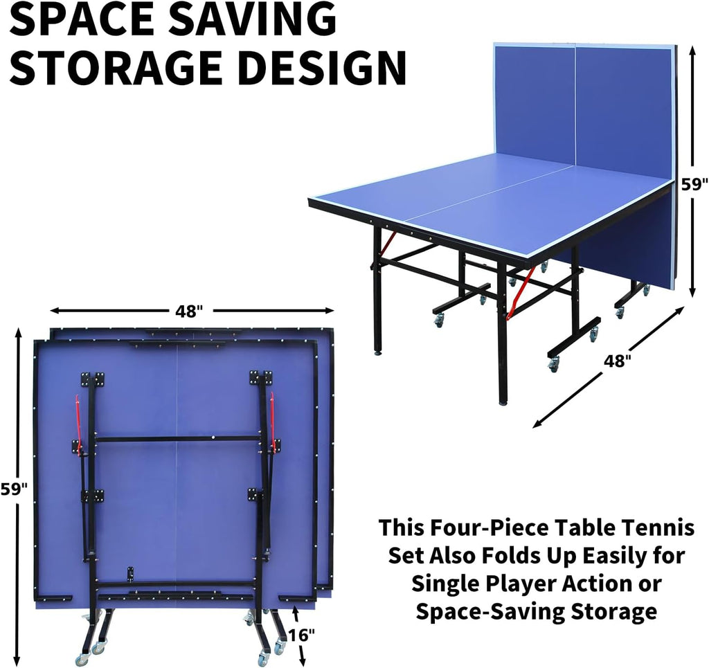 Ping Pong Table Foldable & Portable 6/8/9FT Table Tennis Table Set for Indoor & Outdoor Games with Net & Post, 2 Table Tennis Paddles and 3 Balls (Blue-8FT with Wheels)
