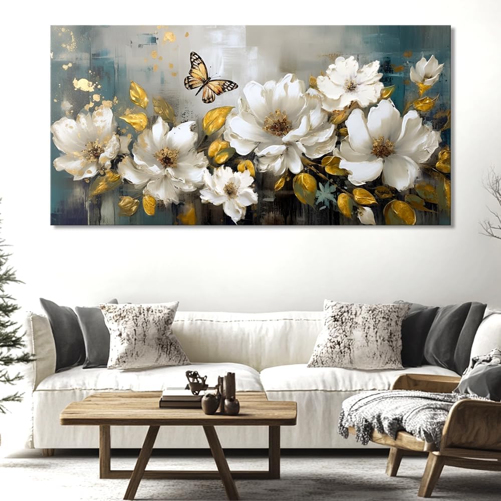 vgrozirh Wall Art Modern Flower Artwork Paintings White Blossom Gold Leaf Butterfly Landscape Picture wall Decor for Living Room Bedroom Kitchen 71'x36'