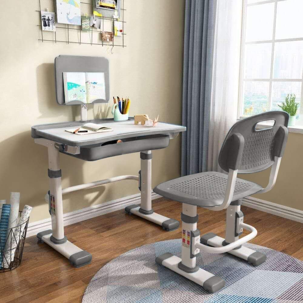 Cantonape Kids Desk and Chair Set, Height Adjustable Children School Study Desk with Tilt Desktop, Bookstand, LED Lamp, Metal Hook and Storage Drawer for Boys Girls, Grey