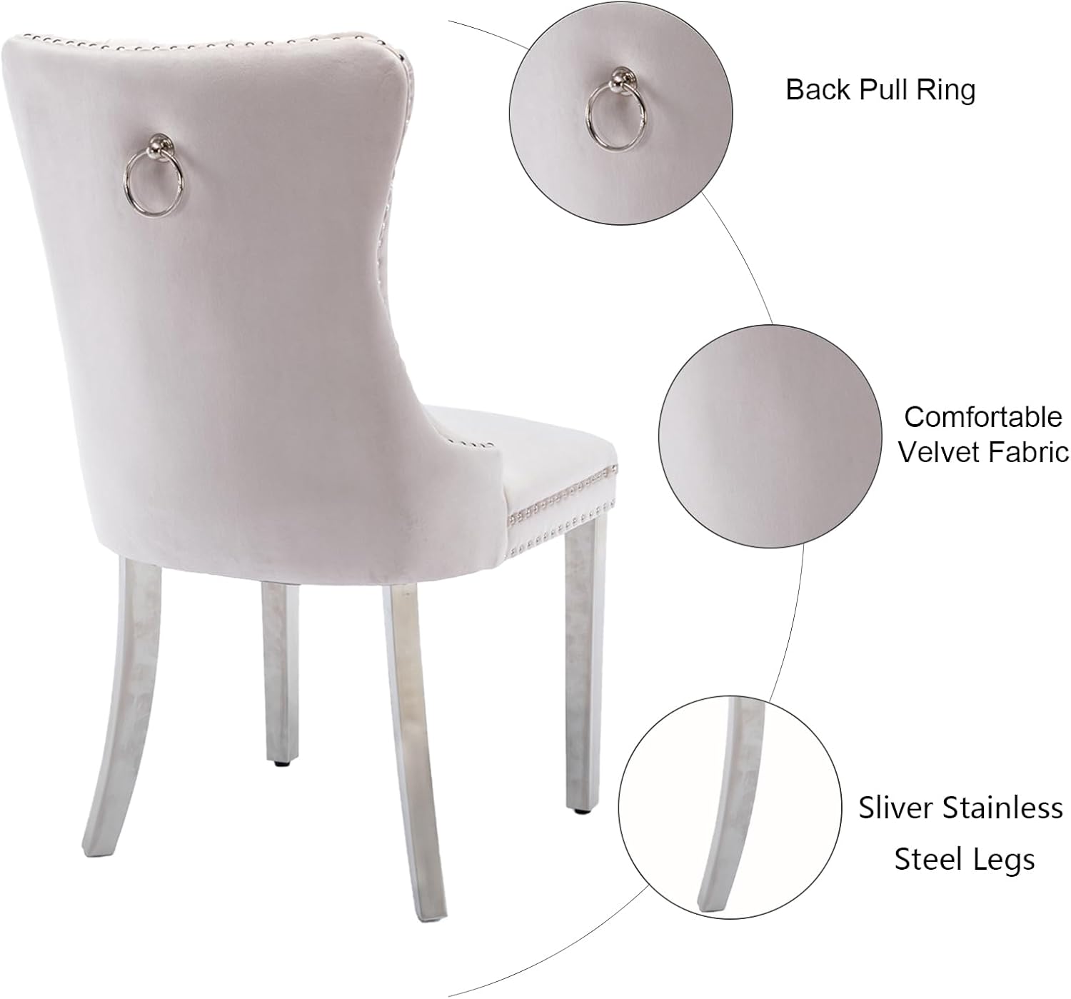 Velvet Dining Chairs Set of 6, Tufted Upholstered Dining Room Chairs with Back Ring Pull, Nailhead Trim and Sliver Stainless Steel Legs, Modern Dinning Chairs for Dining Room, Kitchen(Beige)