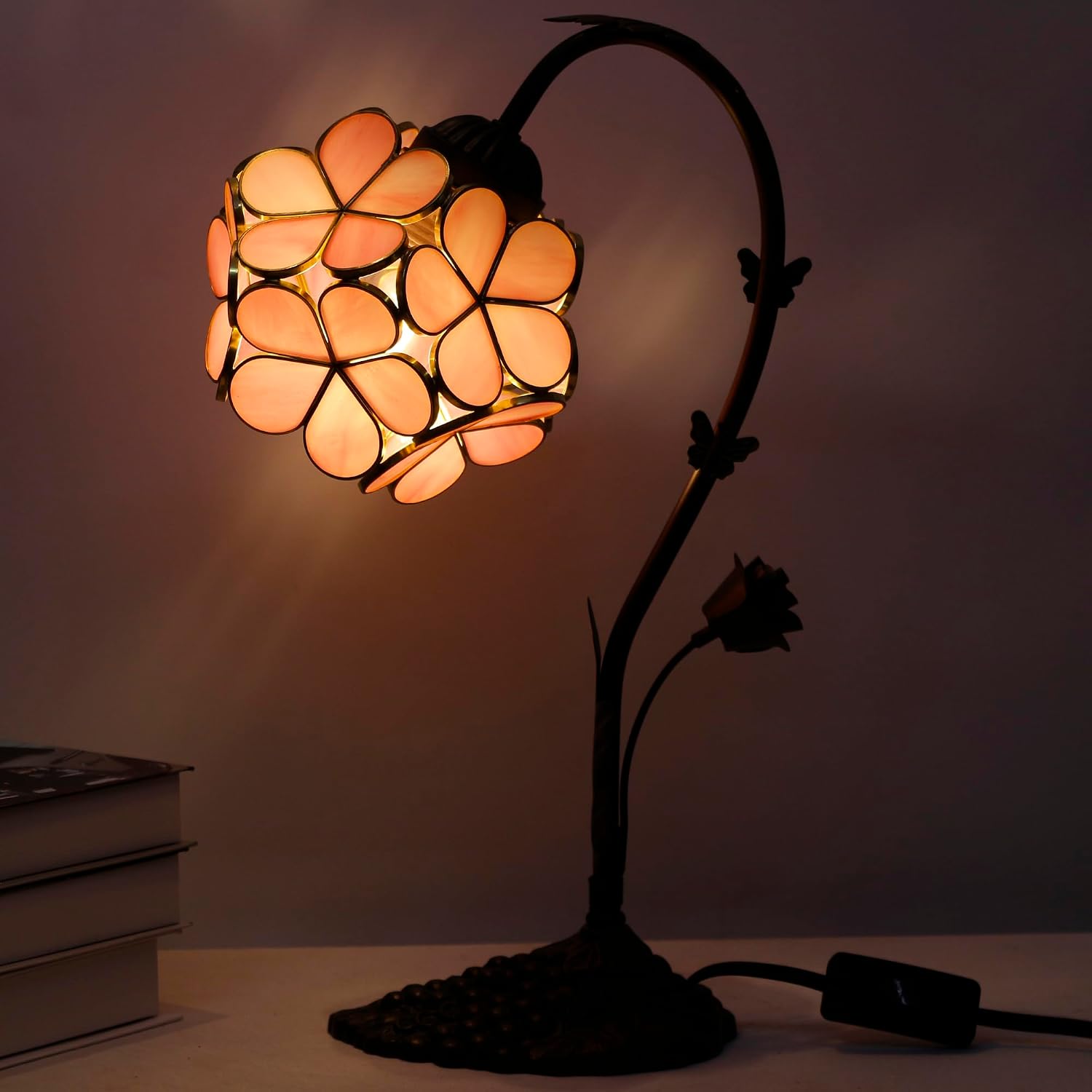 Tiffany Lamp Stained Glass Pink Small Flower Petal Table Lamp with Metal Leaf Resin Base 10X6X16 Inches Desk Reading Light