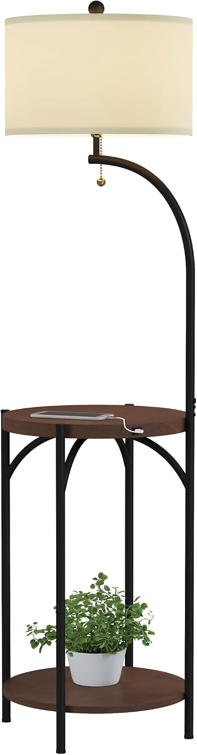 Floor Lamp with End Table - Modern Rustic Side Shelves with USB Charging Port, LED Light Bulb, and Drum-Shaped Shade - Standing Lights by Lavish Home (with Bulb)