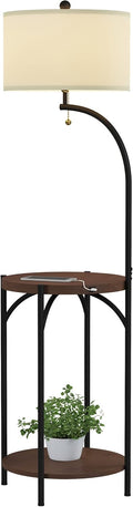 Floor Lamp with End Table - Modern Rustic Side Shelves with USB Charging Port, LED Light Bulb, and Drum-Shaped Shade - Standing Lights by Lavish Home (with Bulb)