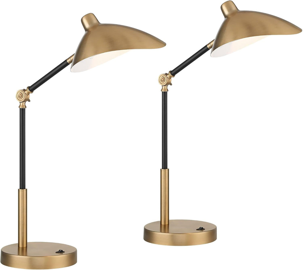 360 Lighting Colborne 28' Tall Mid Century Modern Desk Lamps Set of 2 USB Port Adjustable LED Black Gold Metal Shade Home Office Living Room Charging Bedroom Bedside Nightstand House Reading Kitchen