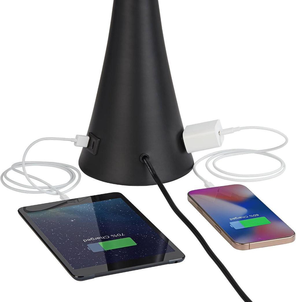 360 Lighting Karl 28 1/4' Tall Set of 2 Modern Table Lamps with USB Charging Ports and AC Power Outlet in Base Black Metal White Fabric Drum Shade for Bedroom Living Room House Bedside Nightstand