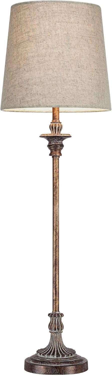 Regency Hill Bentley Traditional French Country Style Buffet Table Lamps 31.5' Tall Skinny Set of 2 Weathered Brown Ridged Linen Fabric Tapered Drum Shade Decor for Living Room House Home Dining