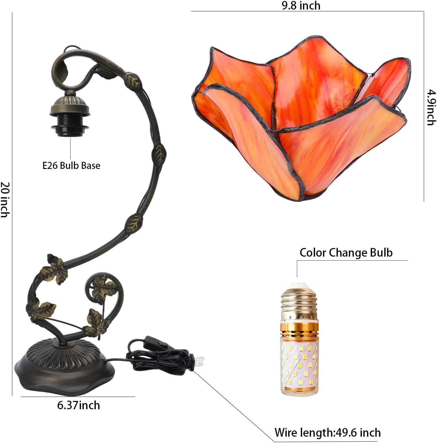 Stained Glass Table Lamp, Orange-Red Flower Style Metal Leaf Base Desk Reading Light, Adjustable 3 Color Temperature Decor for Bedroom Home Office