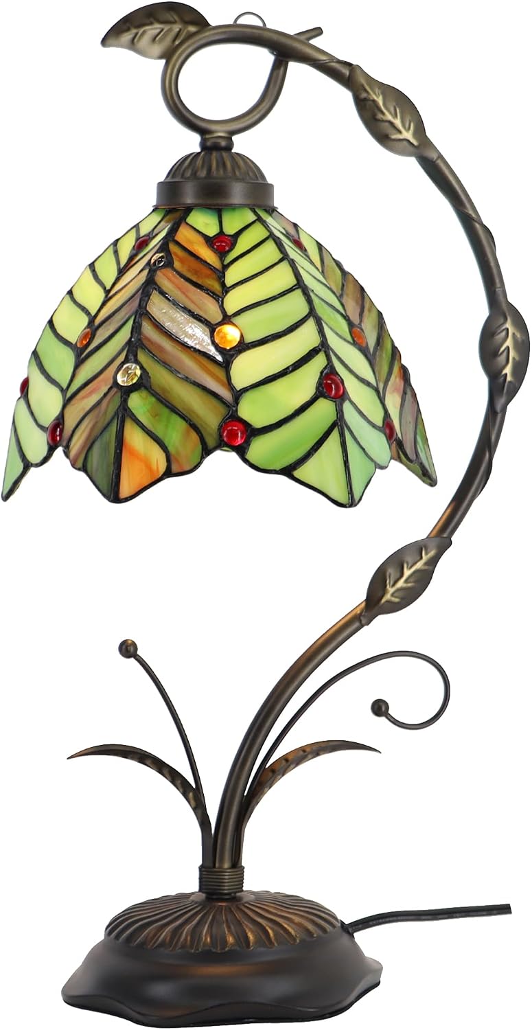 Tiffany Table Lamp, Stained Glass Desk Reading Light, 8X10X19 Inches, Metal Leaf Base (Brown Green Leaf)