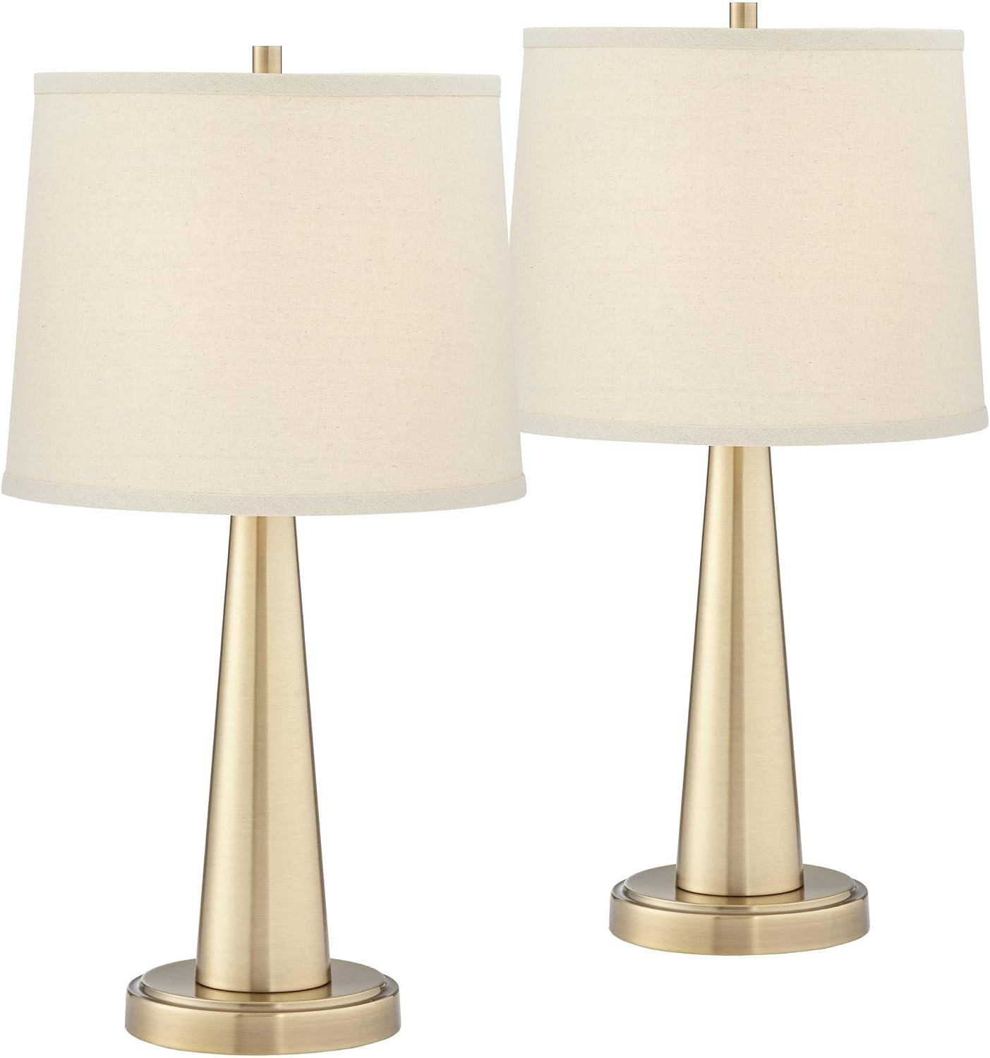 360 Lighting Karla 25' Tall Set of 2 Modern Table Lamps with USB Ports A+C Charging Brass Gold Metal Beige Fabric Drum Shade for Bedroom Living Room House Desk Bedside Nightstand Office Family
