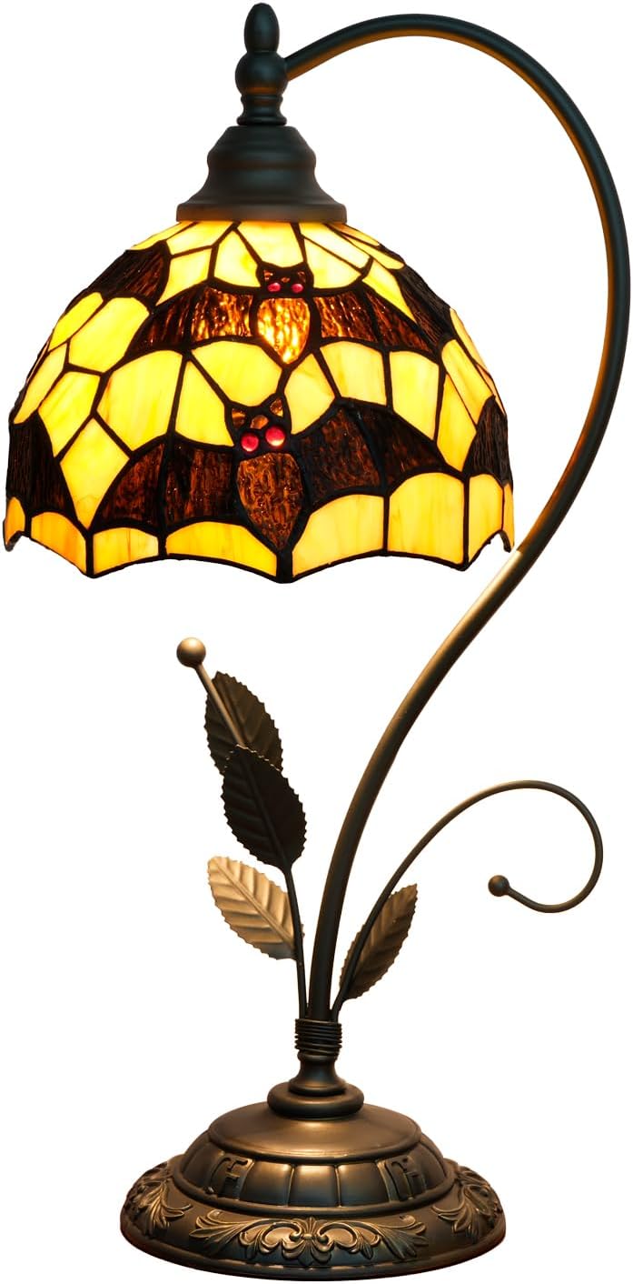 Tiffany Table Lamp Black Bats Stained Glass Bedside Lamp Tiffany Style S Metal Leaves Desk Light for Home Living Room Office Dormitory Bar Family Friends Gift