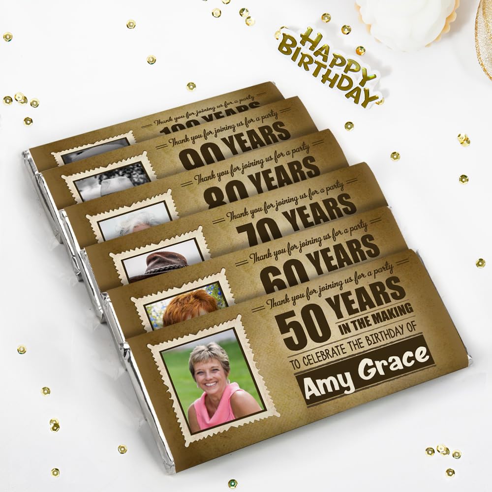 72ct Birthday Party Favors For Adults Candy Bars, Prewrapped, Personalized labels with Photo (72 Pack) - All Ages