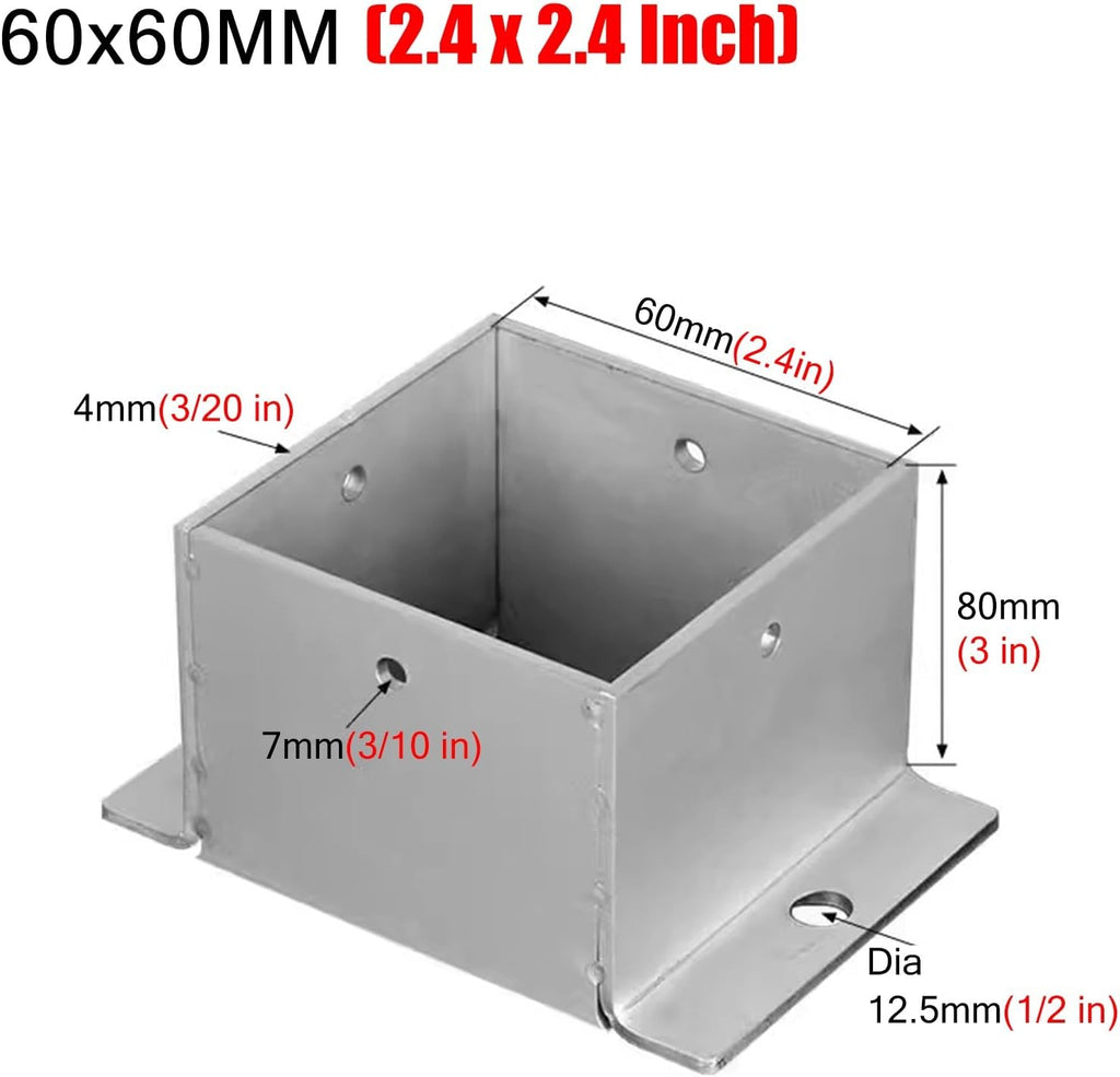 Stainless Steel Fence Post Bracket Decking Post Base for Deck Porch Handrail Railing Support, for Concrete, Pergola Stand Boots/Square Mailbox Post Anchors(60x60 mm (2.4x2.4 in))