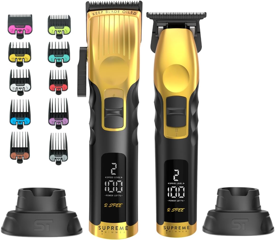Supreme Trimmer 2-in-1 2Spee Beard Trimmer & Hair Clipper Combo | Removable Blades, 2 Speeds, LCD Display | Cordless Professional Barber Tools - Easy Color Coded Clipper Guide Combs | STB280 (Gold)