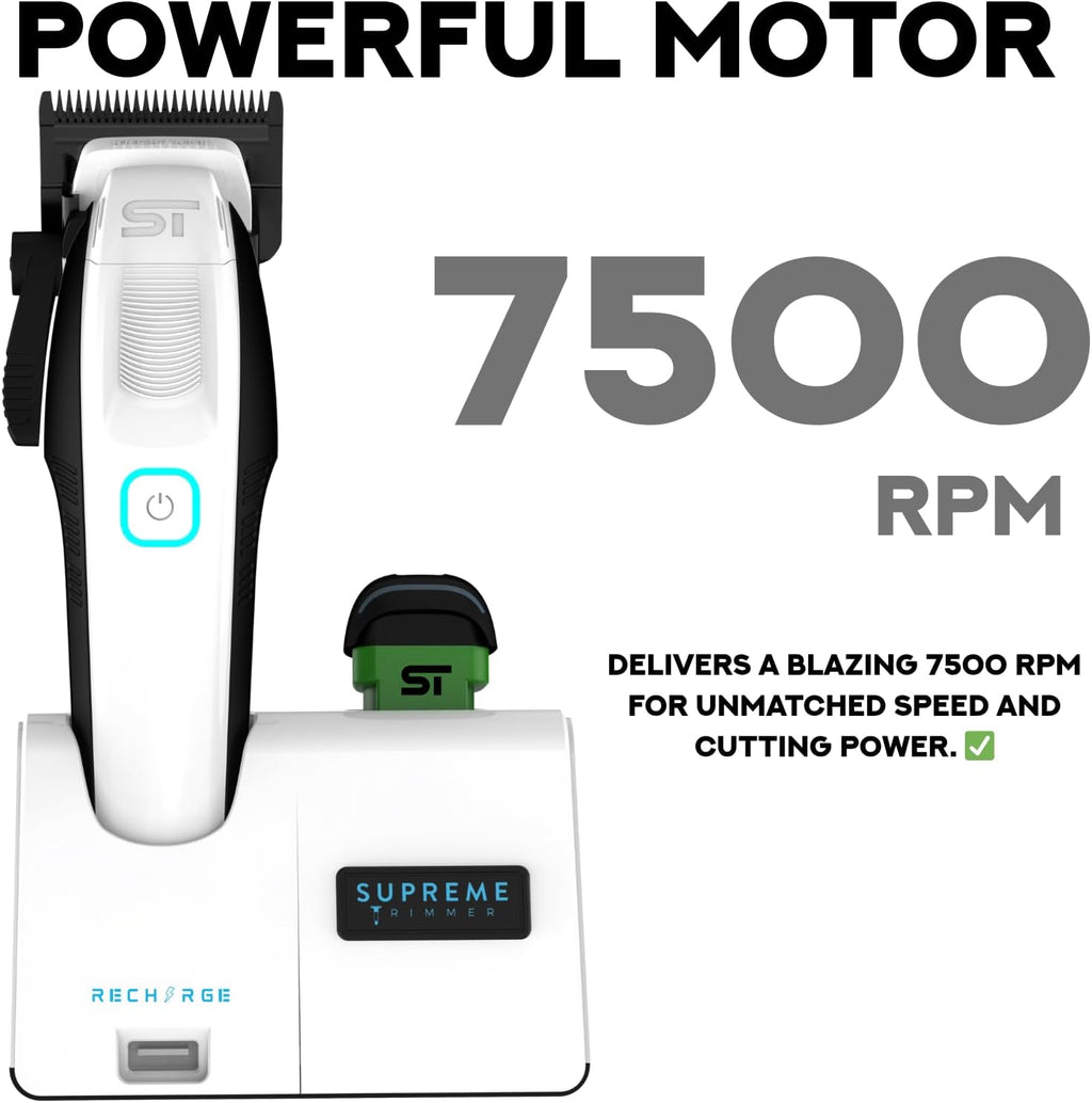 Supreme Trimmer Recharge Clipper - Professional Hair Clipper with 2 Removable Batteries, Brushless Motor, Smart Charge Stand, USB-C Charge & DLC Blades Barbers | STC779