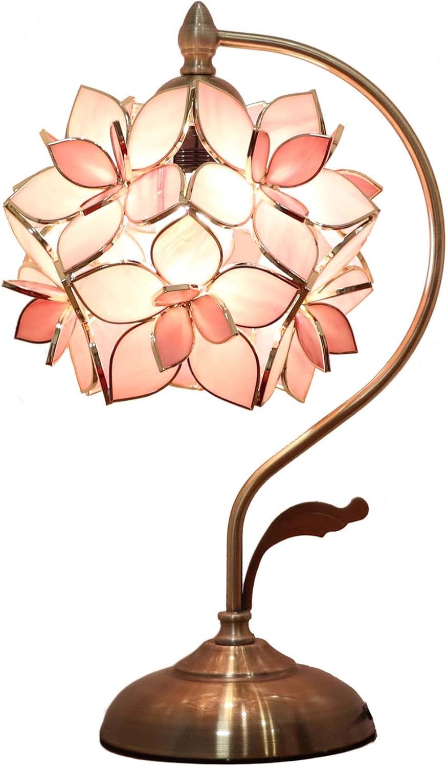 Bieye L10833 Rose Lily Flower Tiffany Style Stained Glass Table Lamp with Vintage Brass Base Electroplating Finish for Bedside Bedroom Living Room Home Decoration, 8 inch Wx17 inch H, 8 inch Rose Lily