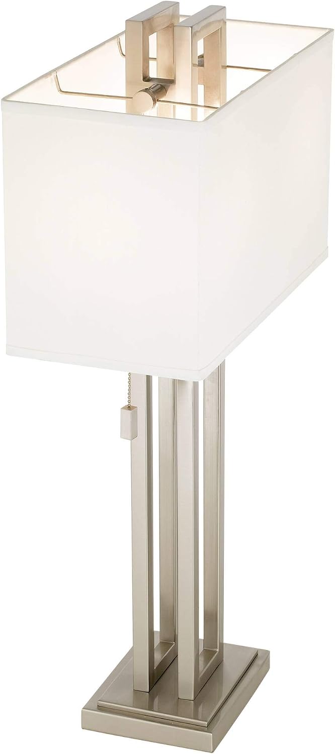 Possini Euro Design Gossard Modern Table Lamp 30' Tall Brushed Nickel Silver Open Metal White Fabric Rectangular Box Shade for Bedroom Living Room House Home Bedside Nightstand Office Family
