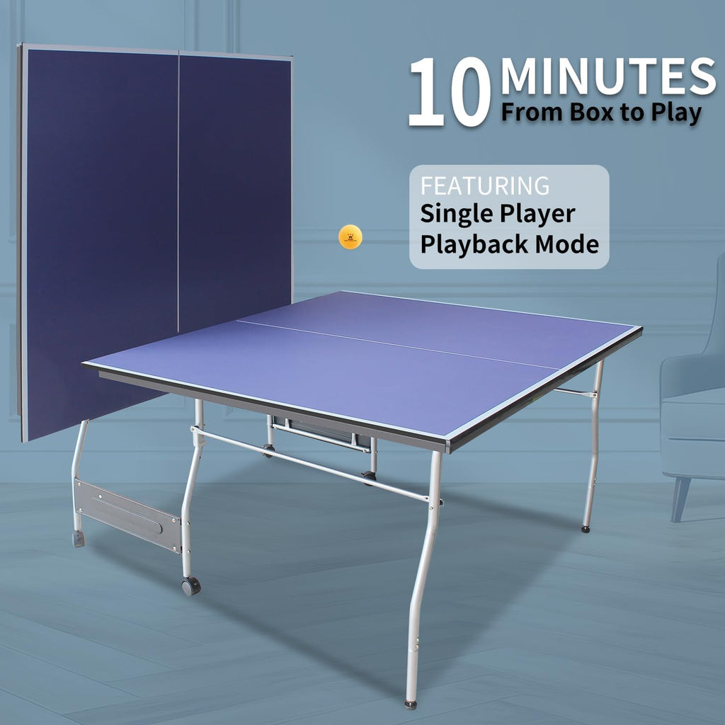 Table Tennis Table, Portable Ping Pong Table Game Set, 8ft Mid-Size Folding Indoor Outdoor Table Tennis Game Set with Net, 2 Table Tennis Paddles and 3 Balls for Adults/Teens