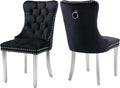 Velvet Dining Chairs Set of 2, Tufted Upholstered Dining Room Chairs with Back Ring Pull, Nailhead Trim and Sliver Stainless Steel Legs, Modern Dinging Chair for Dining Room, Kitchen(Black)