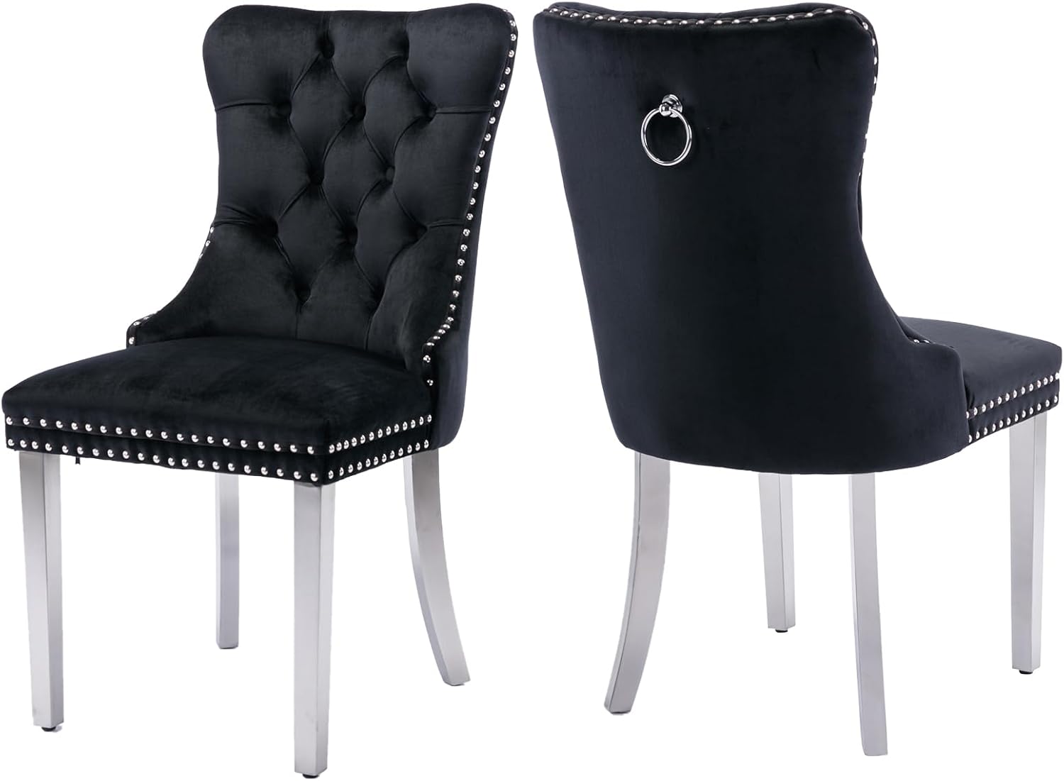 Velvet Dining Chairs Set of 2, Tufted Upholstered Dining Room Chairs with Back Ring Pull, Nailhead Trim and Sliver Stainless Steel Legs, Modern Dinging Chair for Dining Room, Kitchen(Black)