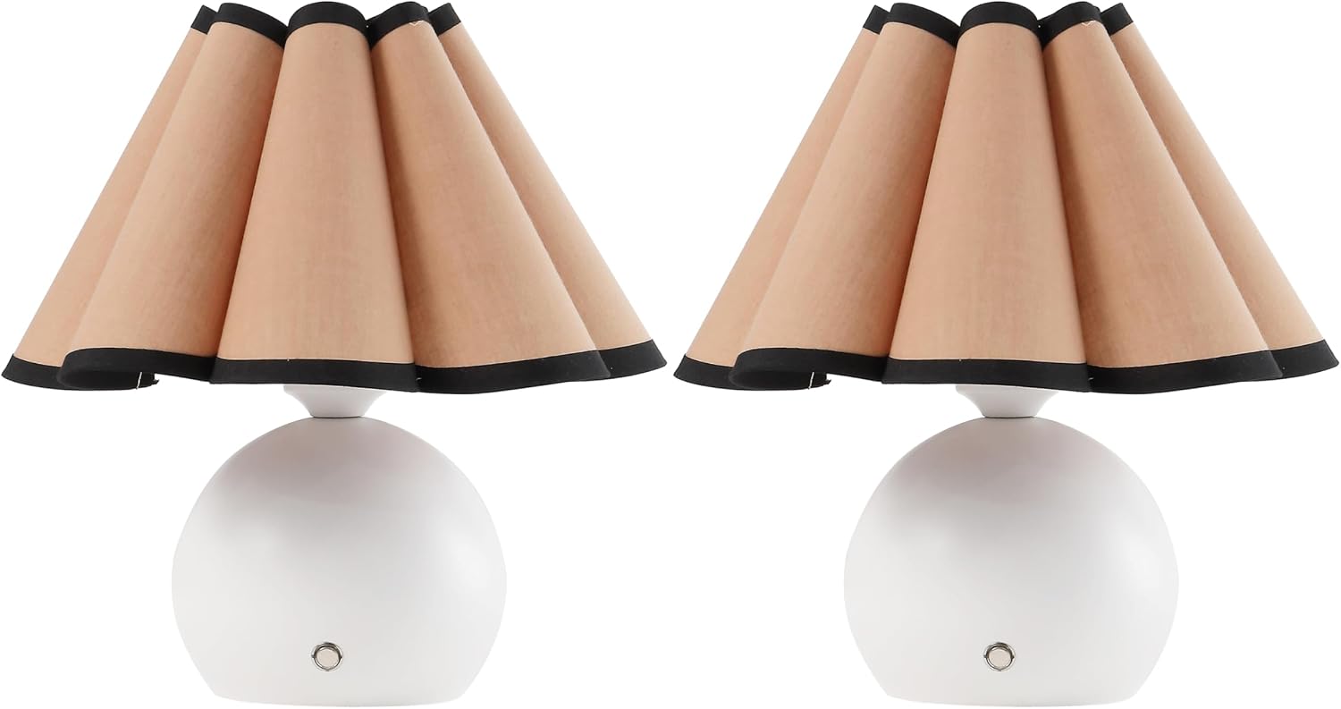 JONATHAN Y 10.5' Ivory Rechargeable Cordless Integrated LED Table Lamps Set of 2, Classic Vintage Scalloped Linen Shade, Dimmable Touch Sensor Accent Lamps JYL7157A-SET2