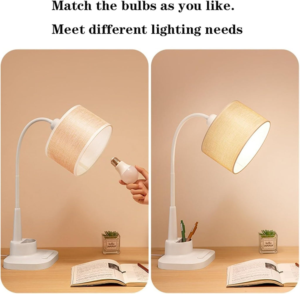 Table Lamps LED Desk Lamp with Fabric Lampshade, 360° Adjustable Desk Lamp Reading Light with Pen Holder and Phone Holder, for Home Office, 59' Power Cord Nightstand Lamps