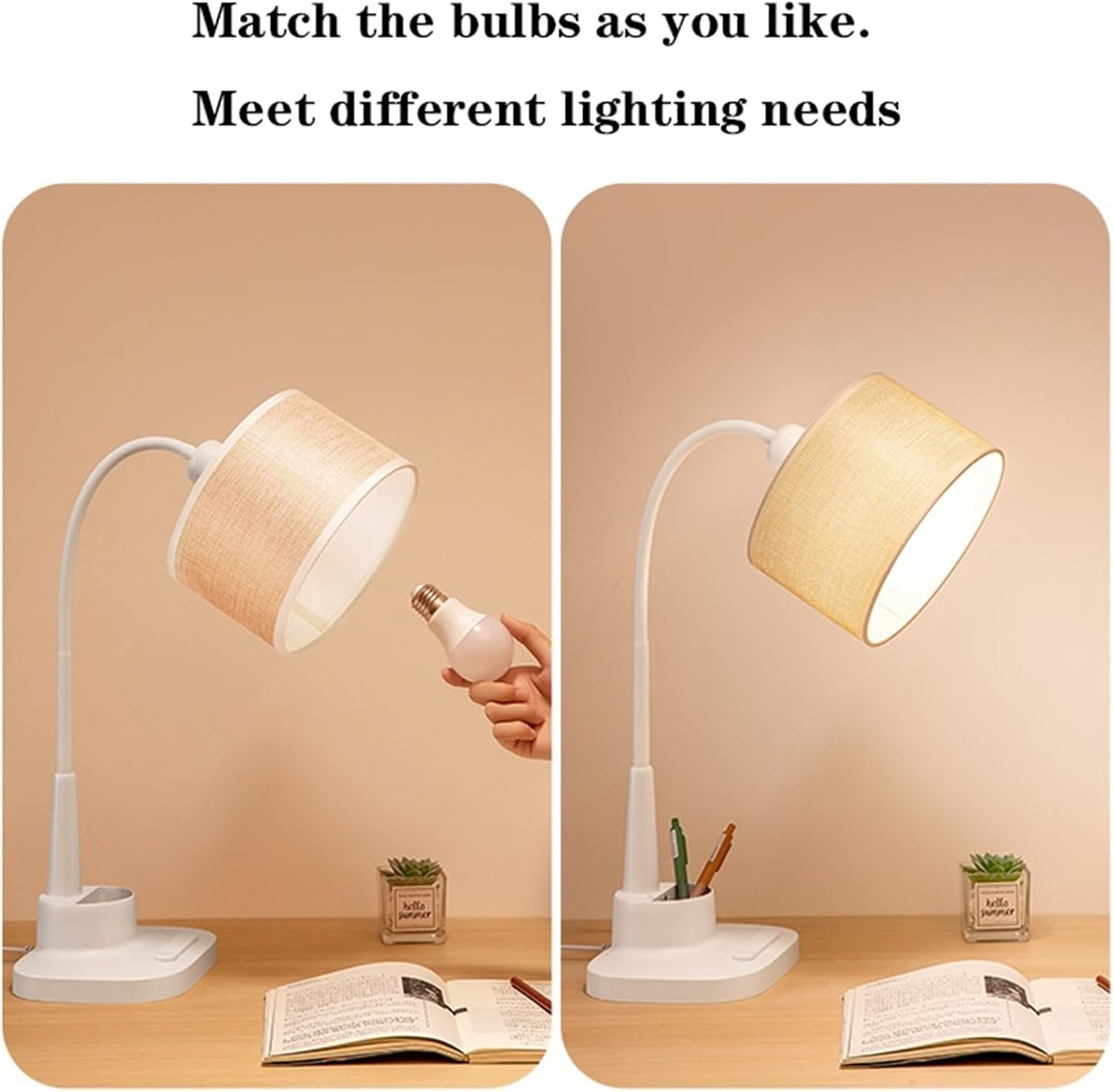 Table Lamps LED Desk Lamp with Fabric Lampshade, 360° Adjustable Desk Lamp Reading Light with Pen Holder and Phone Holder, for Home Office, 59' Power Cord Nightstand Lamps