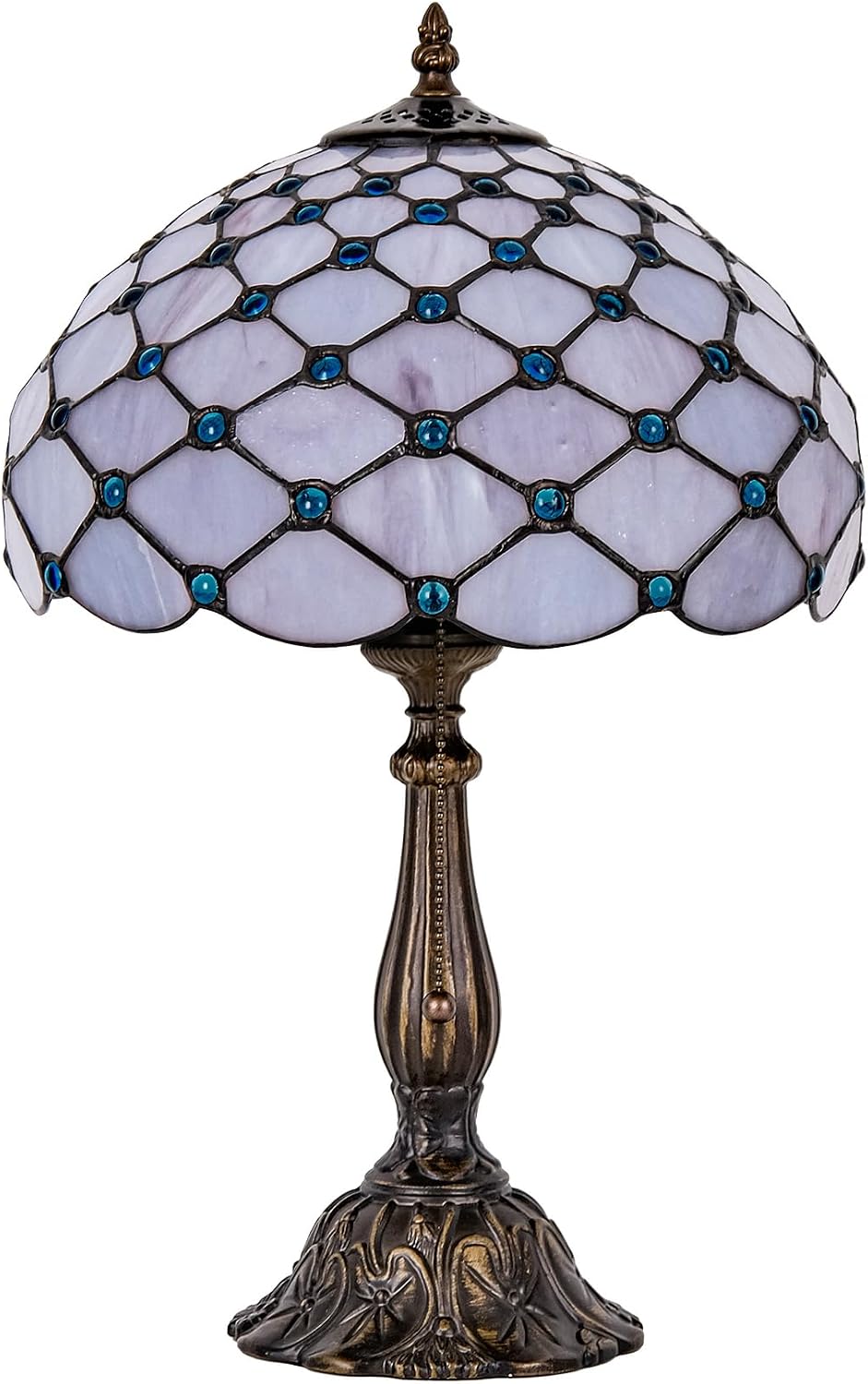 Tiffany Lamp Vintage White Grey Stained Glass Bead Table Lamp Desk Bedside Reading Light Decor Bedroom Living Room Home Office D12*H18 Inches