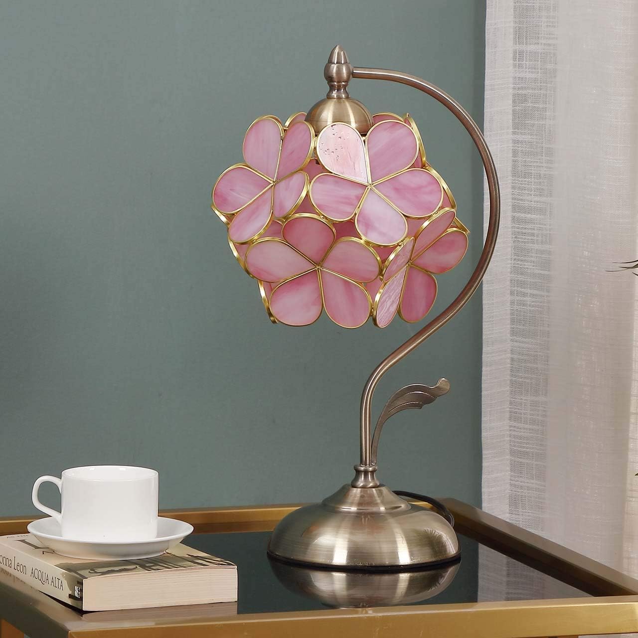 Bieye L10732 Tiffany Style Stained Glass Flower Petal Table Lamp with Brass Base for Home Décor (Pink, 8' Cherry Blossom)