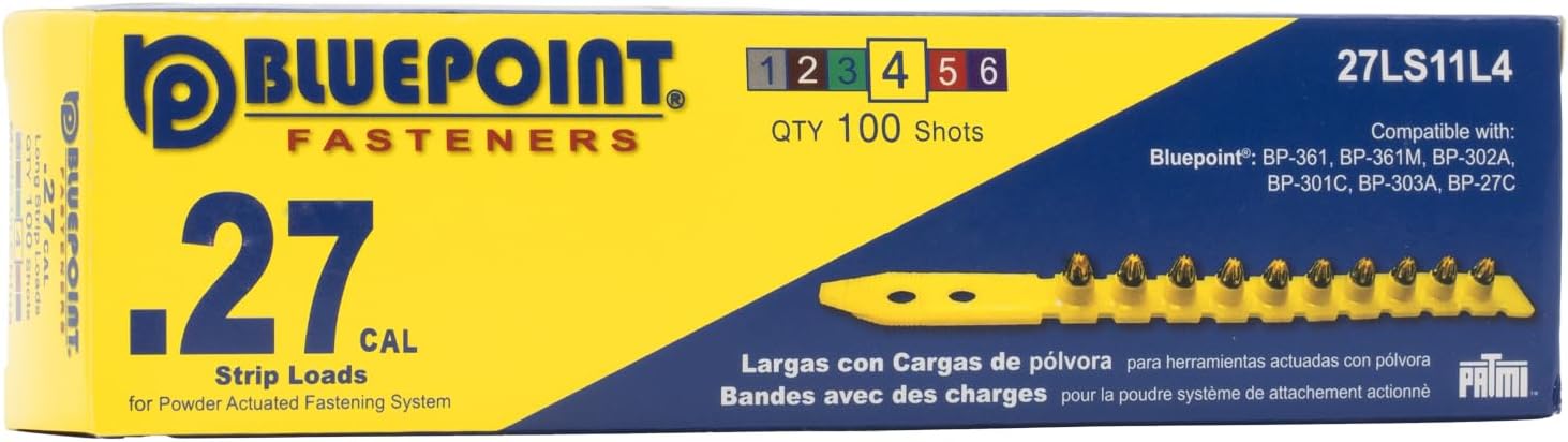 BLUEPOINT .27 Caliber Yellow Strip Powder Loads for Power Actuated Fastening System (1000 Count). Item# 27LS11L4. Ideal for Reliable Fastening Applications. 10-Pack Save $30