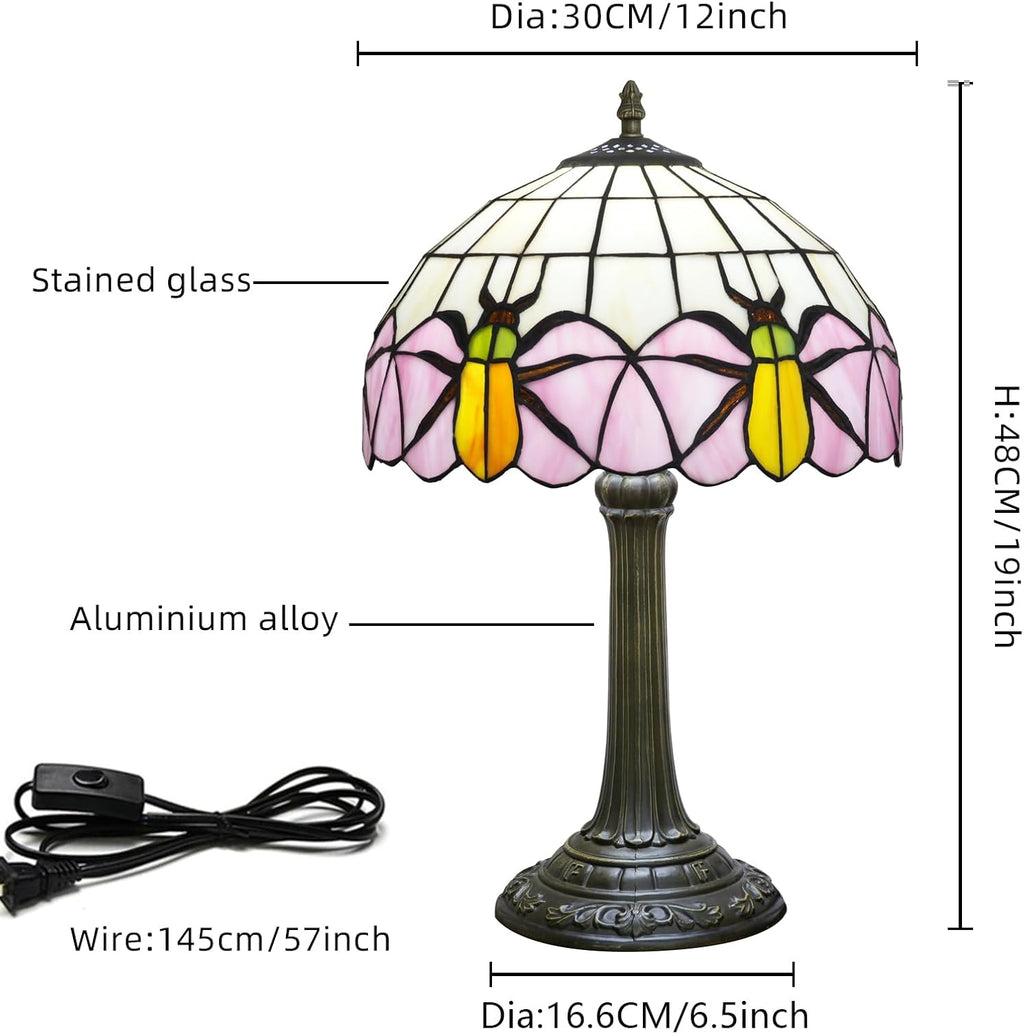 Tiffany Lamp Yellow Beetle Pink Stained Glass Table Lamp Vintage Bedroom Desk Light for Home Dorm Office Art Craft Antique Decor Accent Aesthetic Nightstand Reading Light