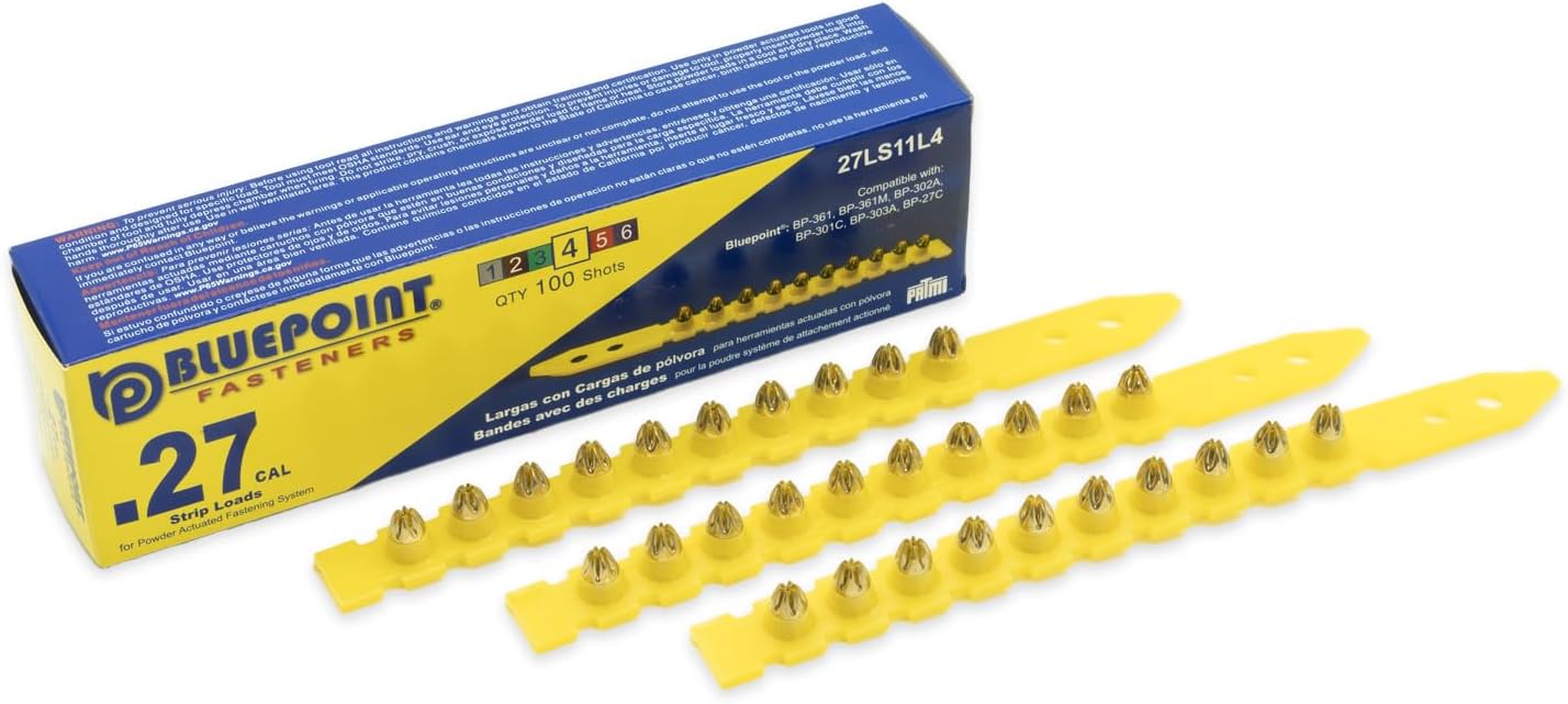 BLUEPOINT .27 Caliber Yellow Strip Powder Loads for Power Actuated Fastening System (1000 Count). Item# 27LS11L4. Ideal for Reliable Fastening Applications. 10-Pack Save $30