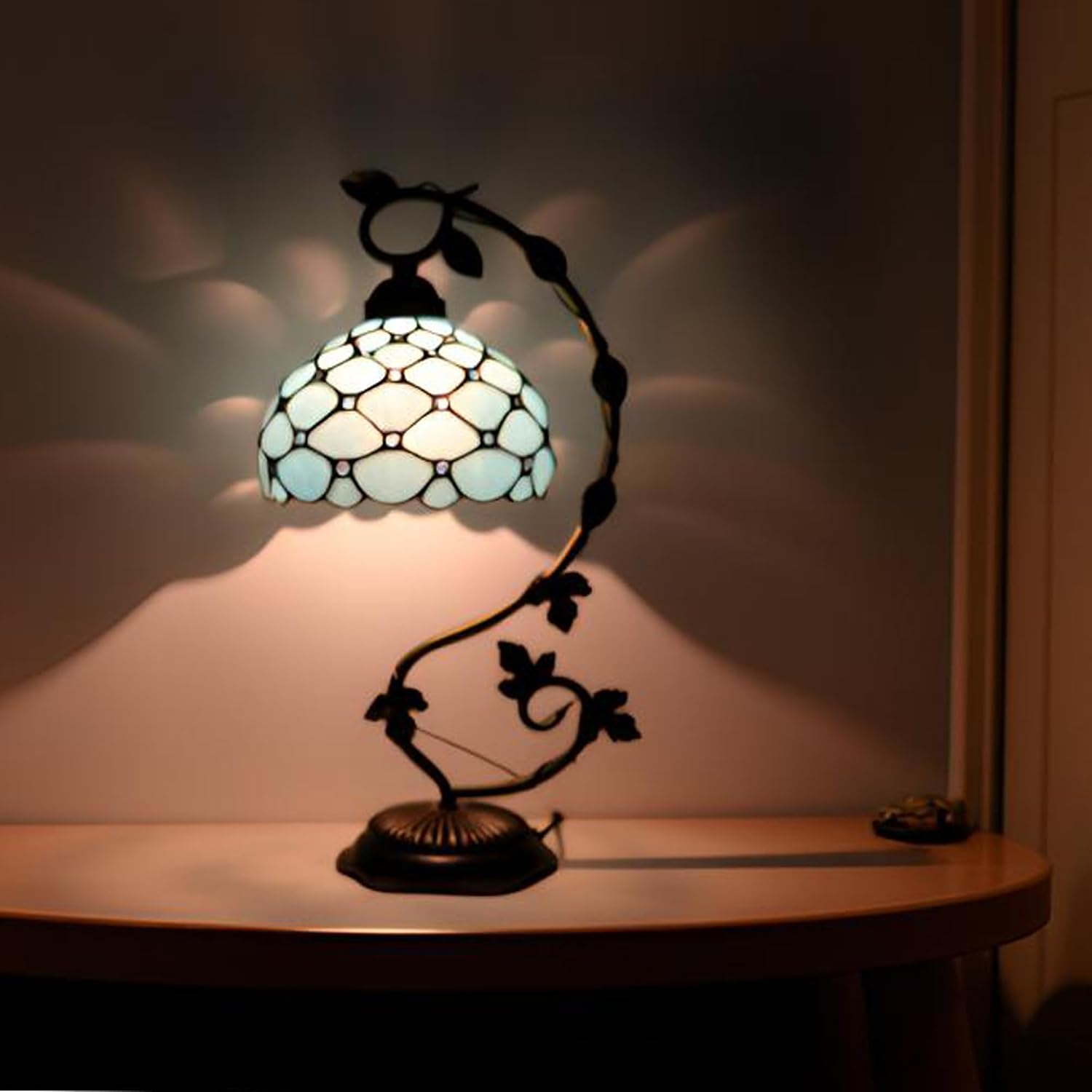Tiffany Table Lamp, Stained Glass Desk Reading Light,Metal Leaf Table Lamp Base 8X10X21 Inches (Sea Blue Beads)