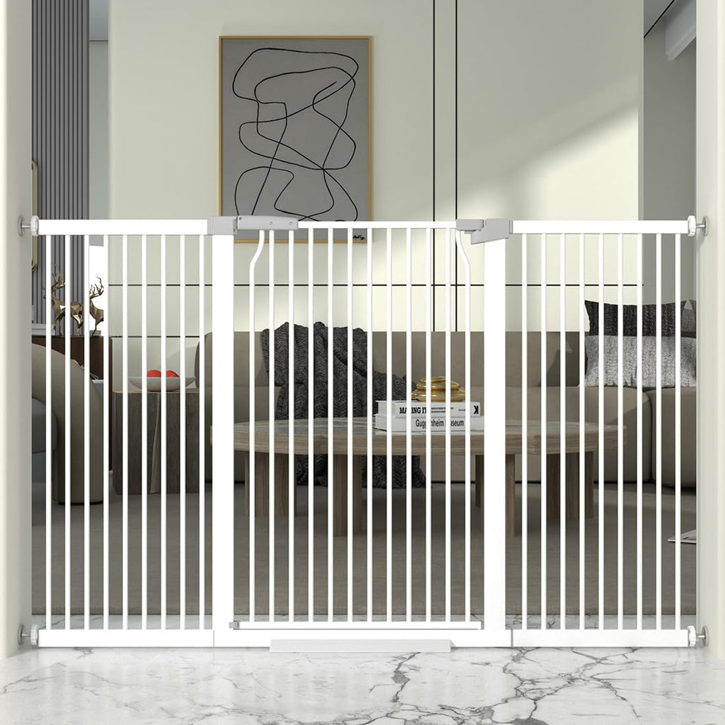 41' Extra Tall and Wide Baby Gate, 63-65.7'' Wide Pet Cat Gate for Doorway, Extra Wide Pressure Mounted Child Door with Expansion Kit, Metal Safe Gate, Tall Dog Gate, White