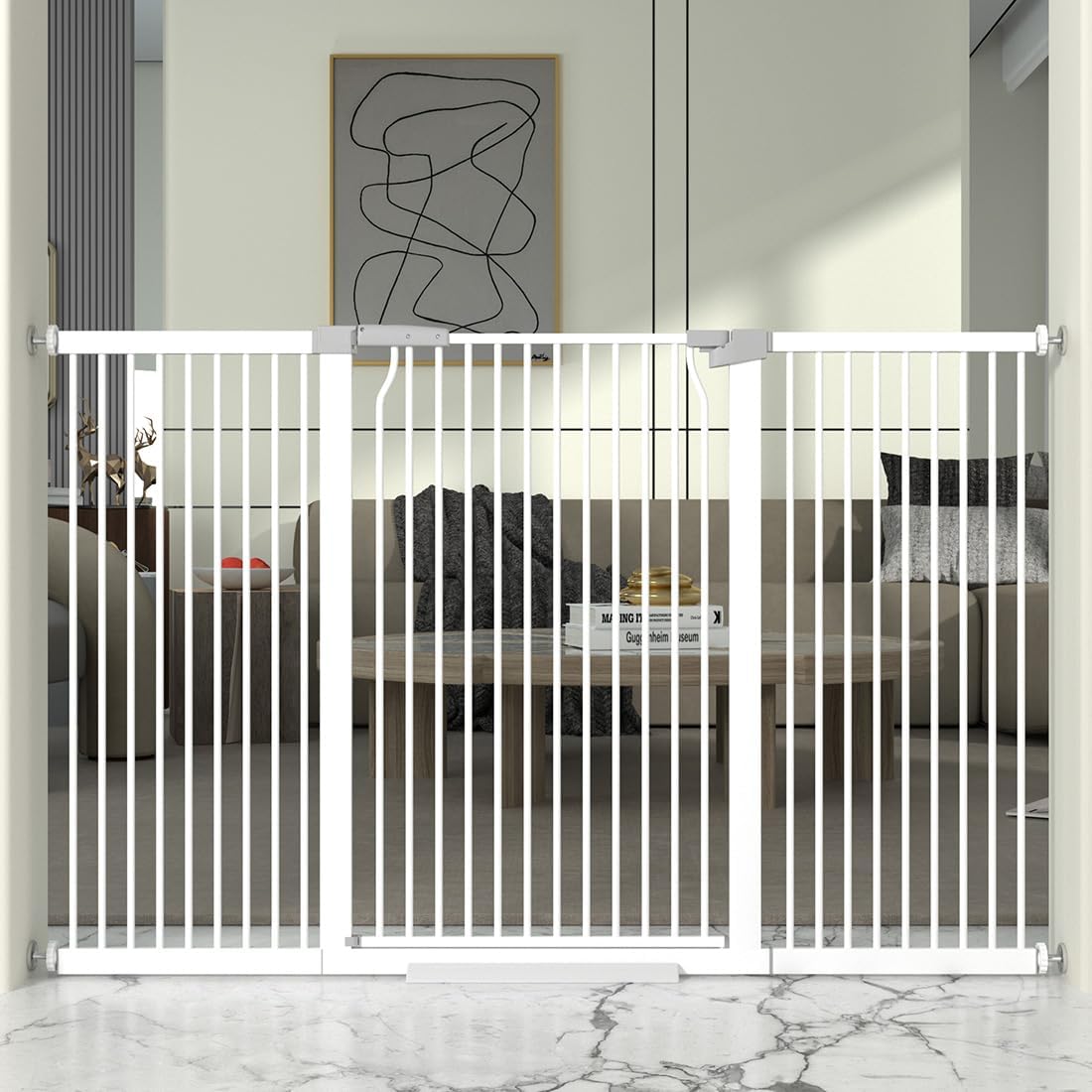 41' Extra Tall and Wide Baby Gate, 63-65.7'' Wide Pet Cat Gate for Doorway, Extra Wide Pressure Mounted Child Door with Expansion Kit, Metal Safe Gate, Tall Dog Gate, White