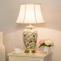 White 27' Flower and Bird Ceramics Table Lamp Chinoiserie Desk Lamp,Fabric Drum Shade,Gold Base, Tall Table Lamp Decor for Living Room Bedroom Bedside Office College Bookcase