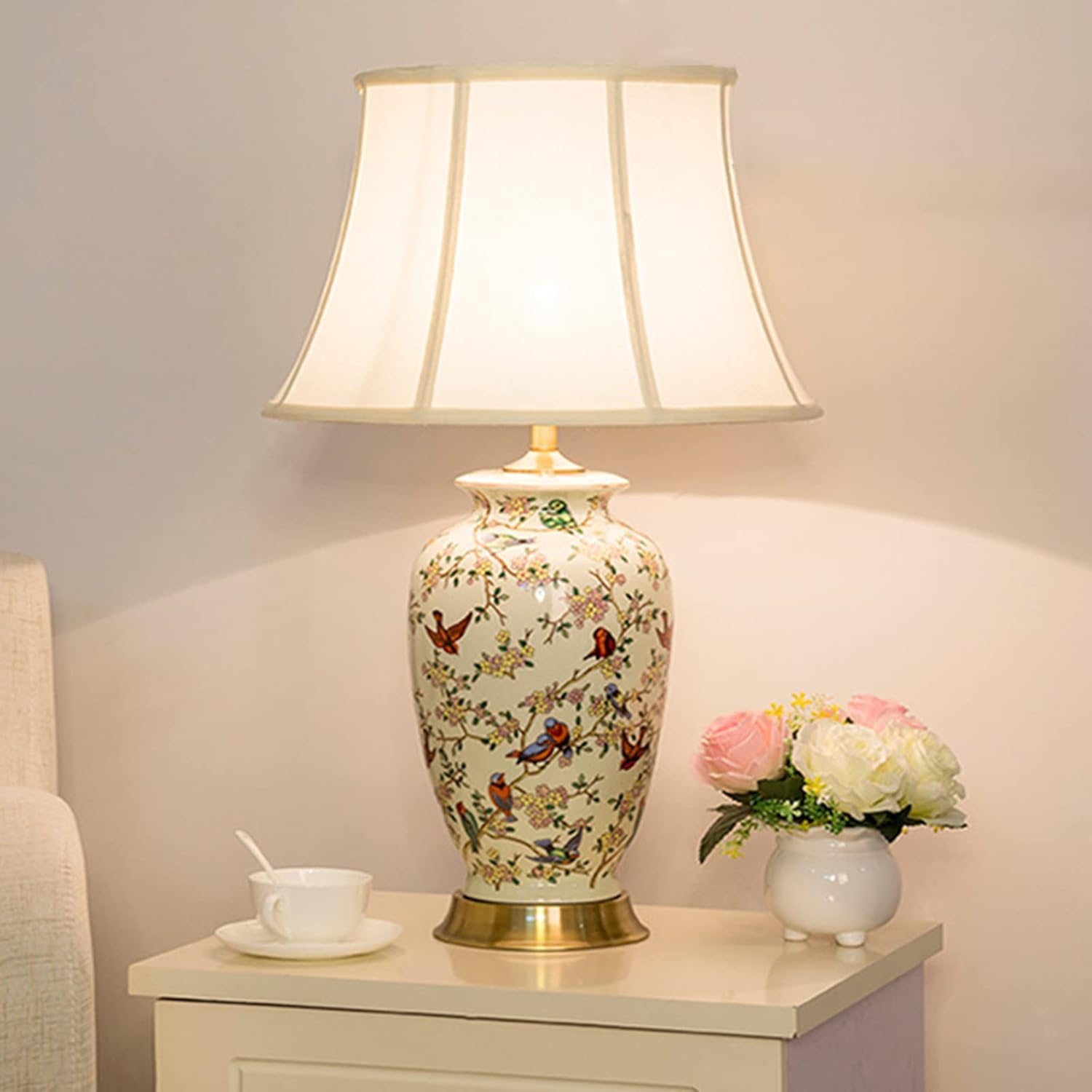 White 27' Flower and Bird Ceramics Table Lamp Chinoiserie Desk Lamp,Fabric Drum Shade,Gold Base, Tall Table Lamp Decor for Living Room Bedroom Bedside Office College Bookcase