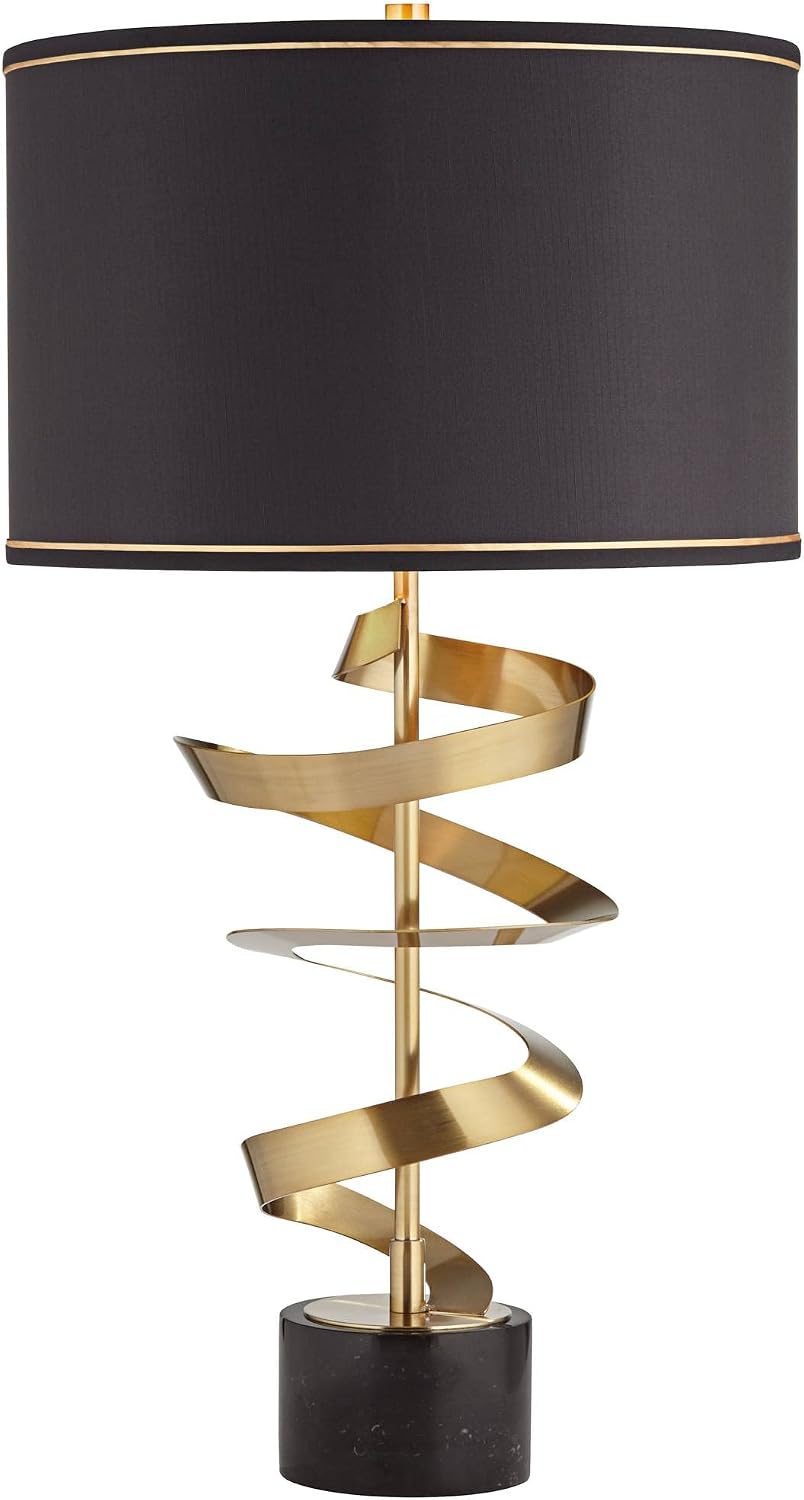 Possini Euro Design Twist Modern Table Lamp 31' Tall Sculptural Brass Gold Metal Marble Black Drum Shade with Gold Liner Decor Bedroom Living Room Nightstand Bedside Night Stand Office Kids Room