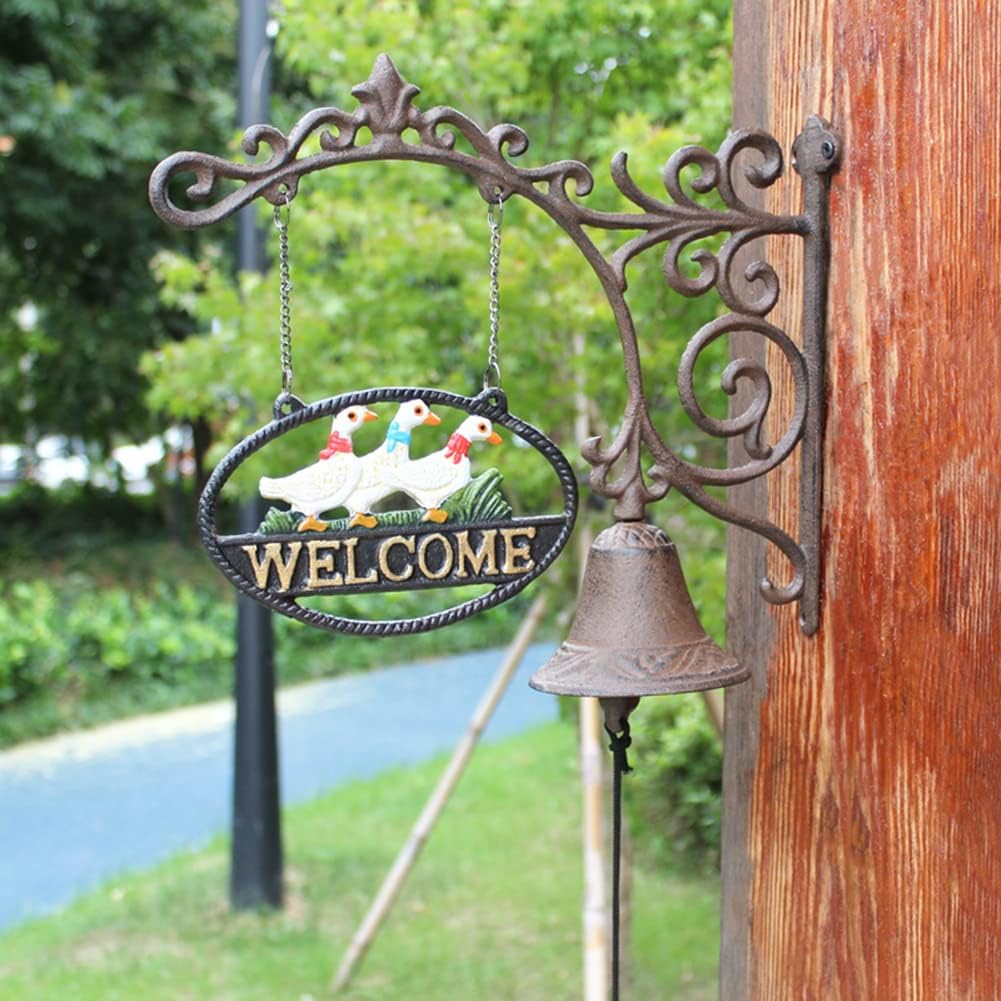 Door Bell, Decoration Bell with Bracket, Vintage Door Bell,Manual Doorbell， Decorative Chime Three Ducks Hand Bell Welcome Sign Manual Door Bell Retro Garden Wall Decoration Wall Hanging Gift Outdoor