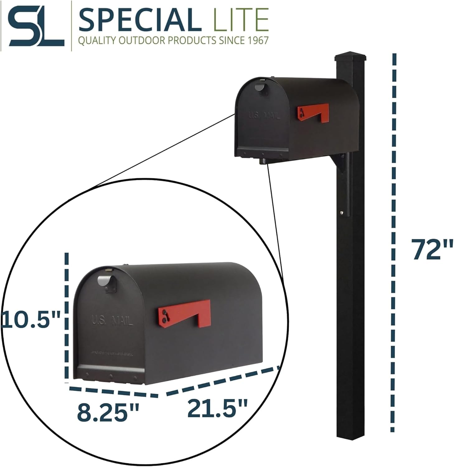 Special Lite Titan Curbside Mailbox with Wellington Post - Black Steel/Aluminum Mailbox with Post - SCH1016S_SPK720-BLK