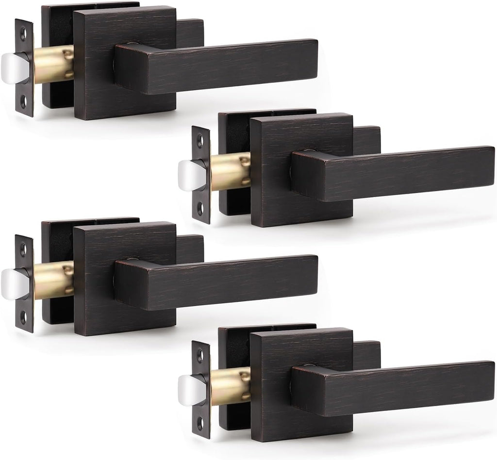 KNOBWELL 4 Pack Bronze Lever Door Handle Passage Door Knob, Heavy Duty Square Door Knob for Closet Hallway Without Lock