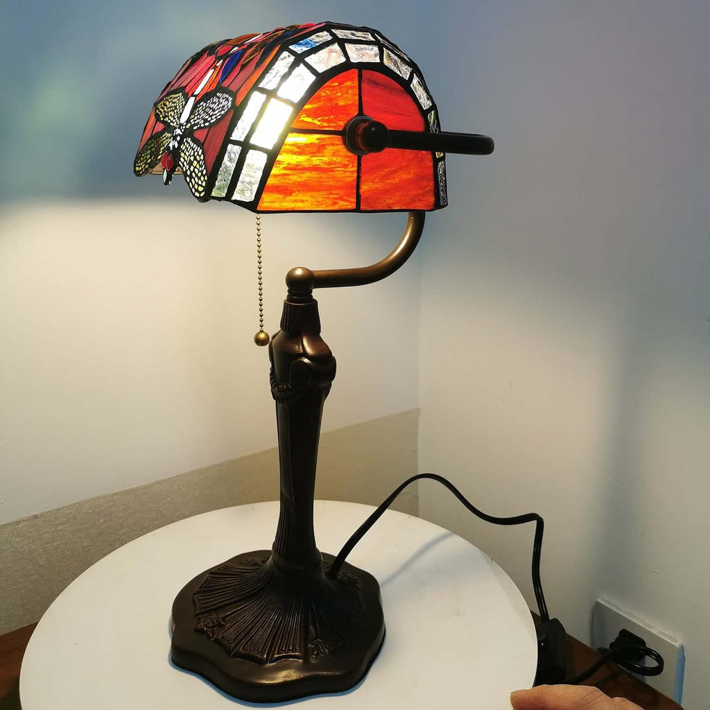 Bieye L10057 Dragonfly Tiffany Style Stained Glass Bankers Desk Lamp Table Lamp for Reading Working Home Decoration, 10' W x 16' H (Red)