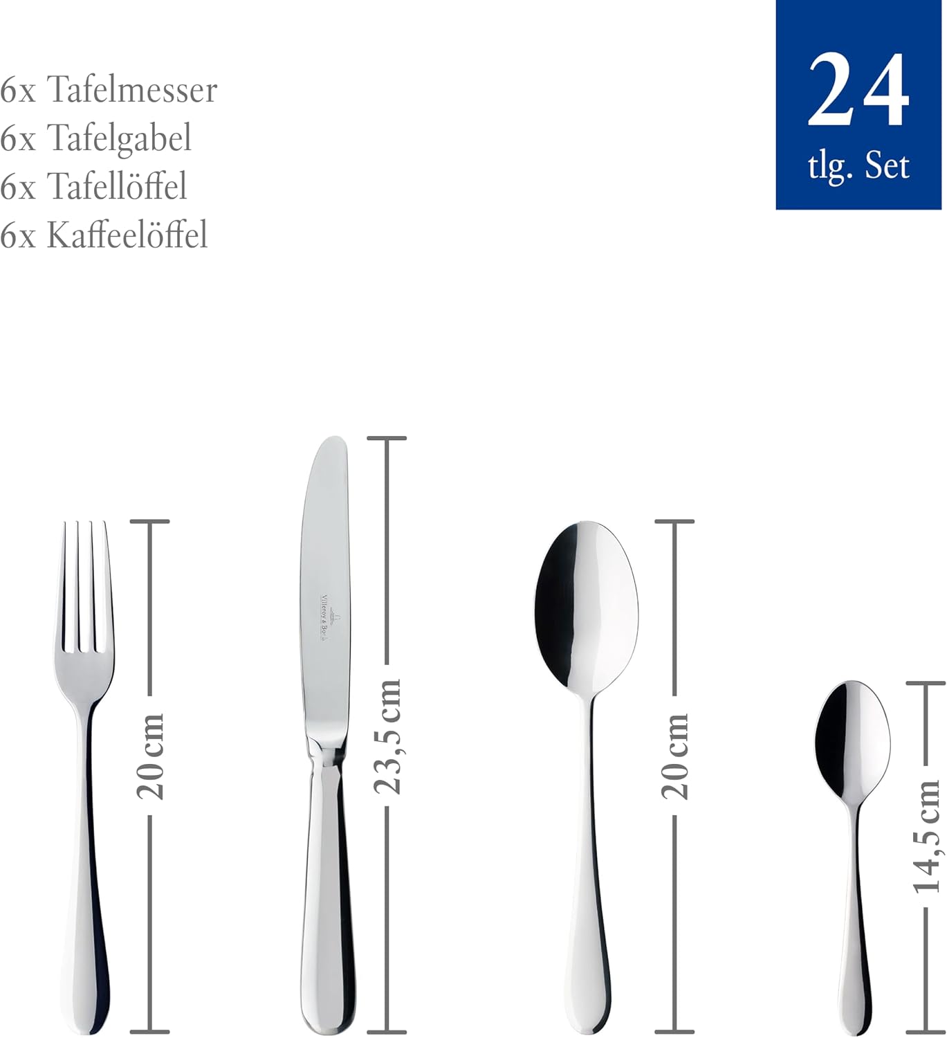 Villeroy & Boch – Oscar Cutlery Set 24 Pieces for 6 People, Dishwasher Safe, Rustproof, Knife, Fork, Spoon, Luxury Cutlery Set, Dinner, 18/10 Stainless Steel
