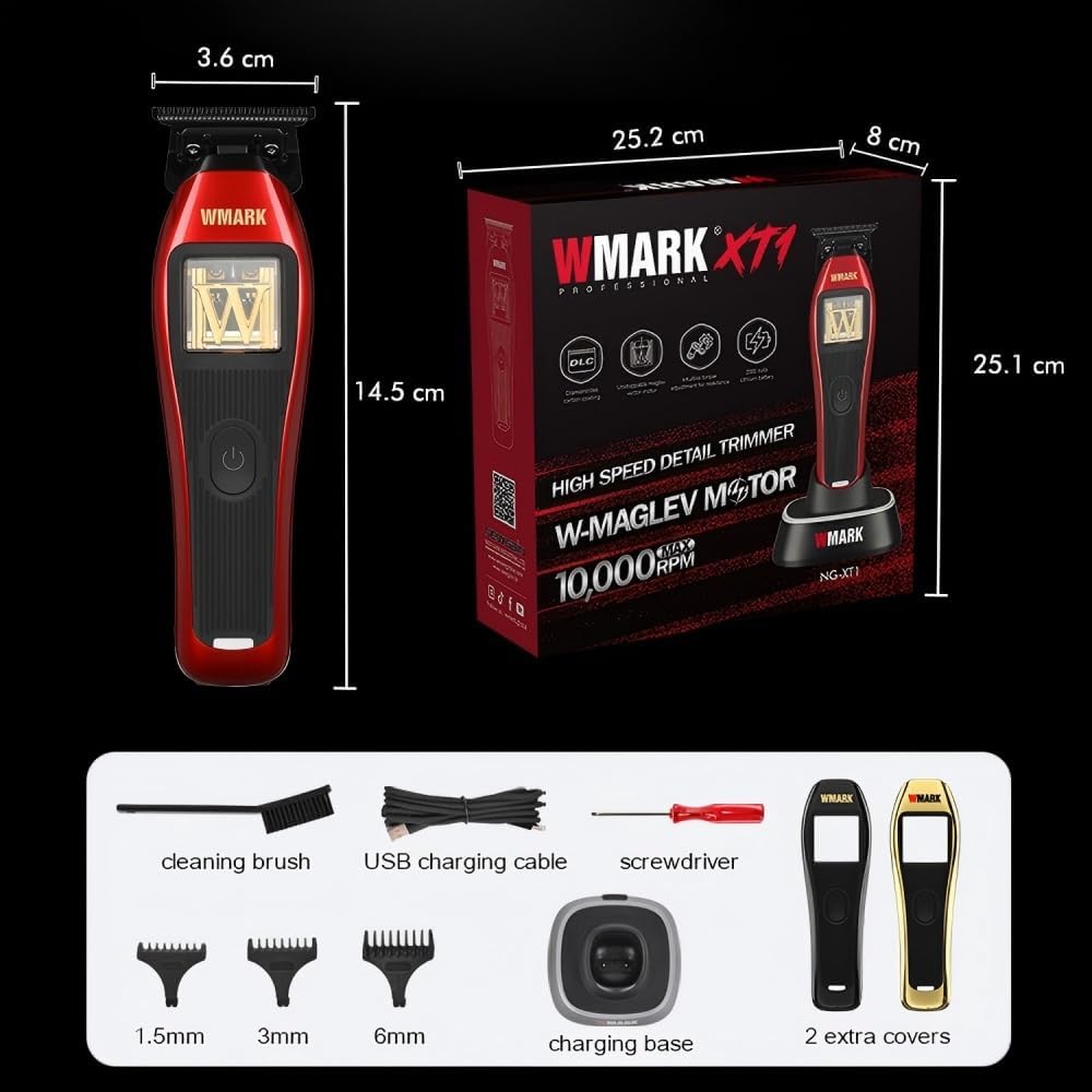 WMARK Professional Cordless Detail Hair Trimmer for Men & Barbers - 10,000 RPM Maglev Motor, DLC Blade, 3 Modular Lids & Repair Tools, Rechargeable NG-XT1