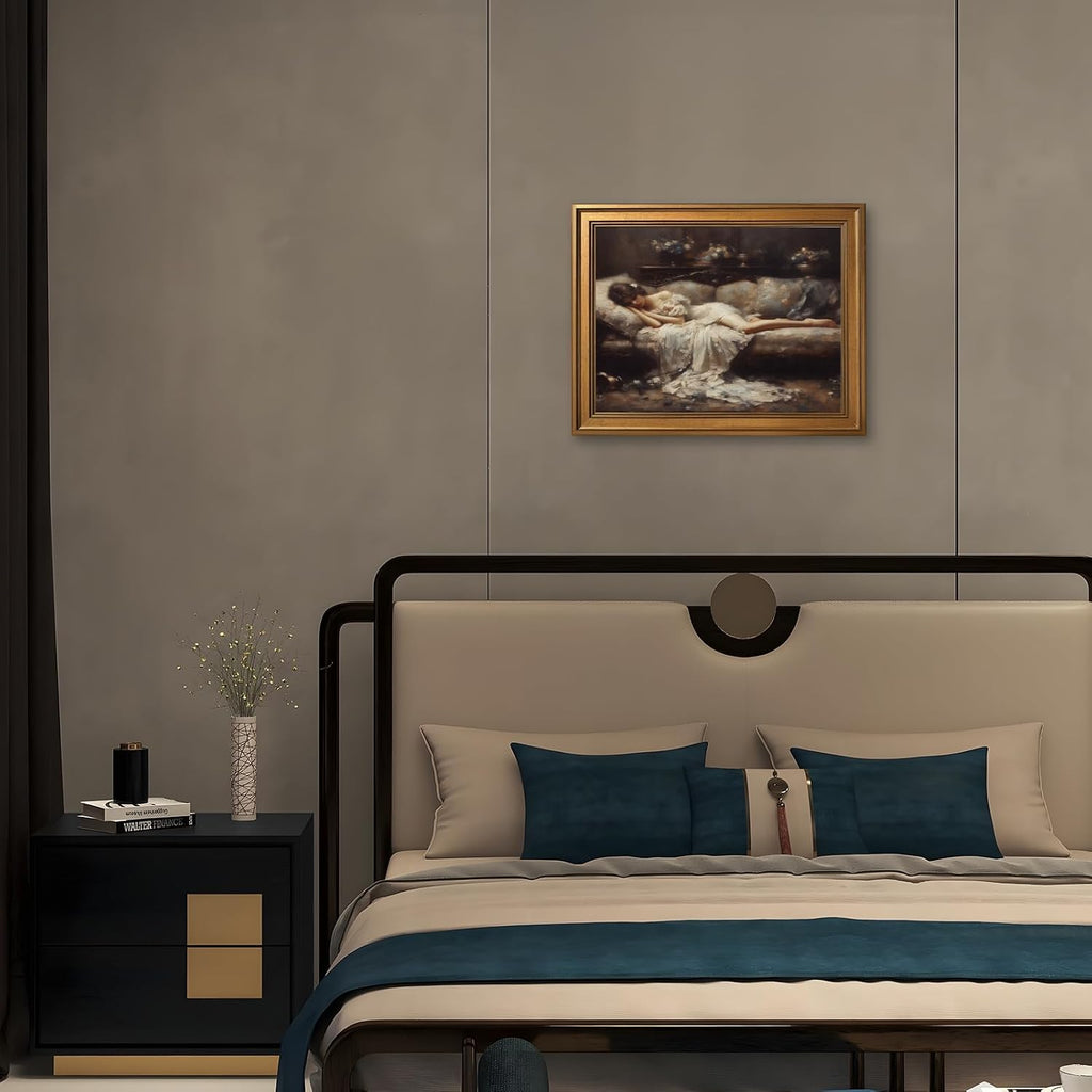 Gold Frame Wall Art Vintage Victorian Tired Woman Portrait Canvas Poster Moody Romantic Oil Painting Dark Academia Classic Wall Decor Print Aesthetic Picture for Bedroom Living Room 24X36inch