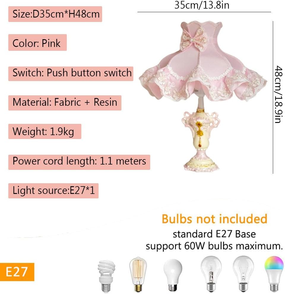 European Style Pink Table Lamps Victorian Desk Lamp American Retro Handmade Fabric Lampshade with Resin Lamp Body Bedside Lamp for Girl's Bedroom Office Living Room