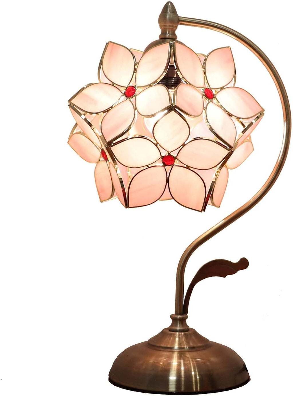 Bieye L10832 Tiffany Style Stained Glass Flower Petal Table Lamp with Brass Base for Home Décor (Pink, 8' Apple Blossom)